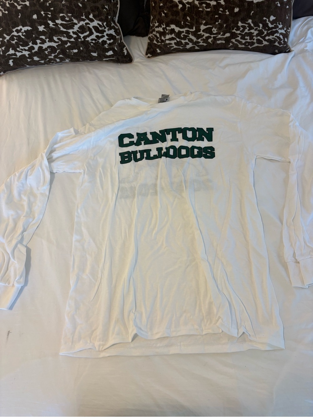 Gildan White Long Sleeve T-Shirt with Green Canton Bulldogs Print